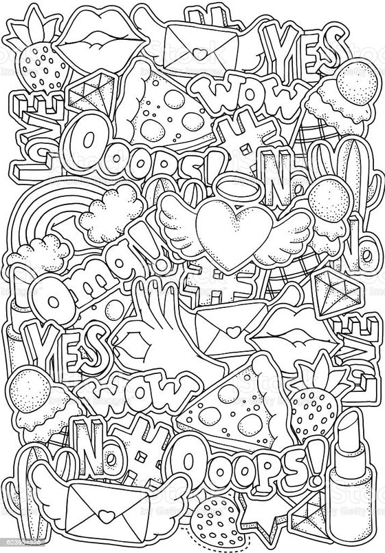 Coloring book page for adult with set of Fashion Patch Badges