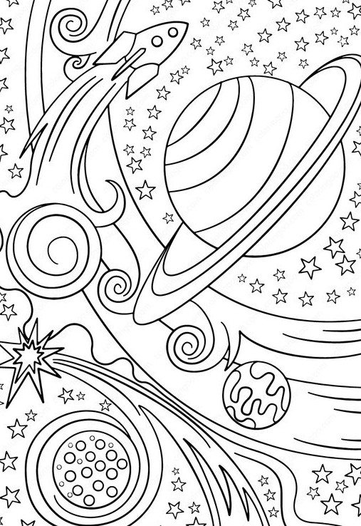 Free Printable Rocket and Planets Pdf Coloring Page