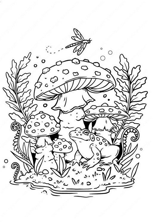 Printable Frog and Mushroom Coloring Pages