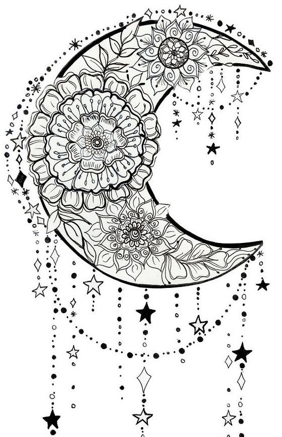 Moon Coloring Pages Floral Moon and Dangling Stars