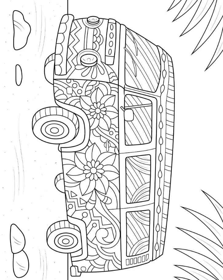 Summer Adult Coloring Pages - Surfer Bus Kombi Coloring