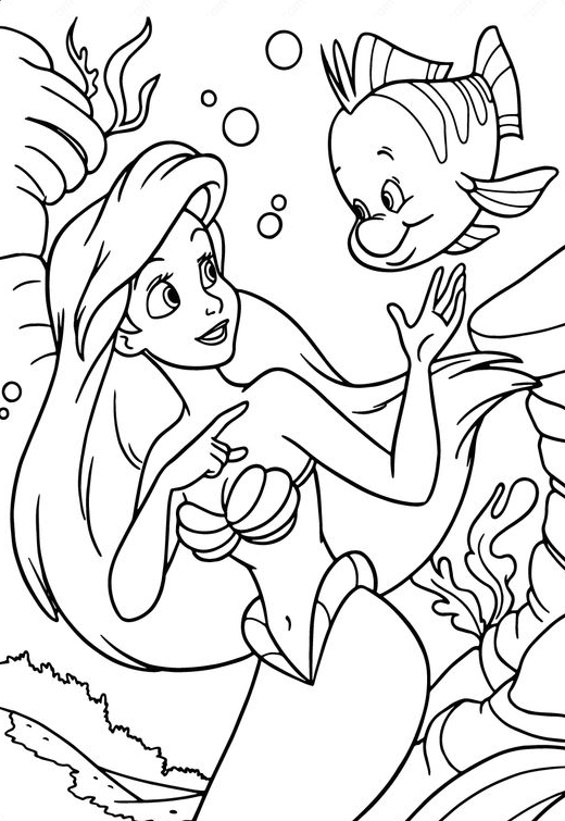 Free Coloring Pages - Printable Ariel and Flounder PDF Coloring Pages