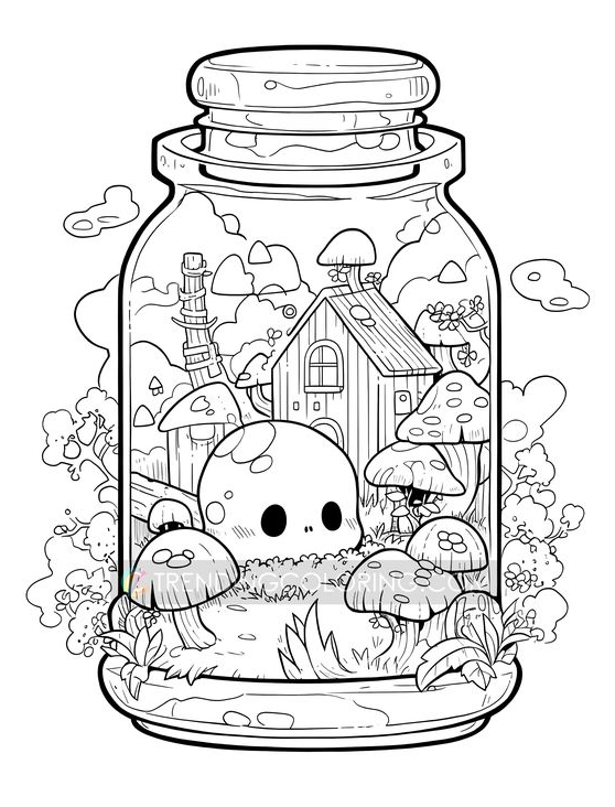 Halloween Coloring Pages - Kawaii Halloween in Jar Coloring Pages for Kids and Adult