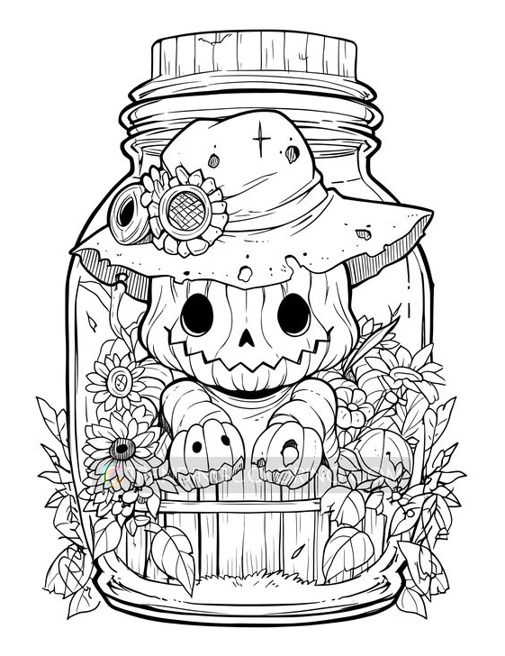 Halloween Coloring Pages - Kawaii Halloween in Jar Coloring Pages for Kids and Adults