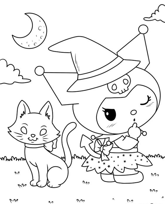 Halloween Coloring Pages - Kuromi in Halloween Clothes with a Cat