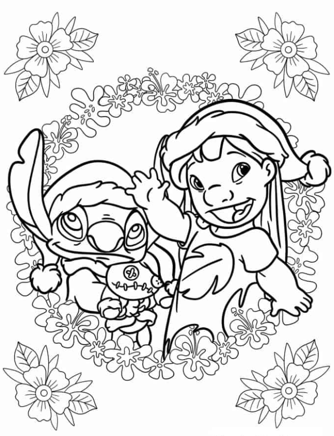 Lilo & Stitch Coloring Pages - Christmas Themed Lilo And Stitch Coloring Page