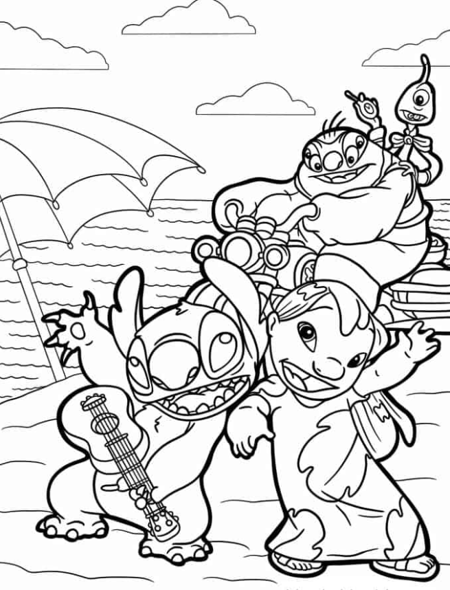 Lilo & Stitch Coloring Pages - Coloring Page Of Lilo And Stitch On Beach With Jumba And Pleakley
