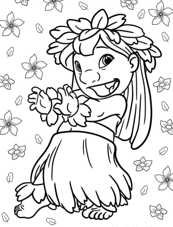 Lilo & Stitch Coloring Pages - Coloring Page Of Lilo Doing Hula In Grass Skirt