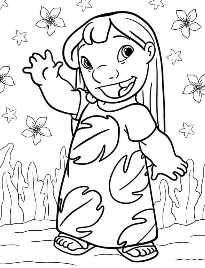 Lilo & Stitch Coloring Pages - Easy Outline Of Lilo Wearing Red Dress To Color