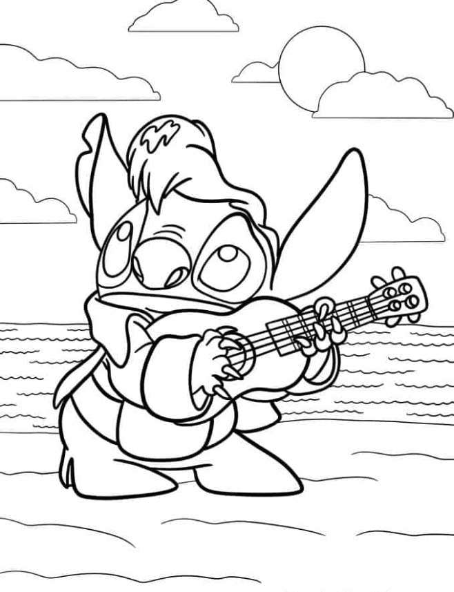 Lilo & Stitch Coloring Pages   Elvis Stitch Playing Guitar Coloring