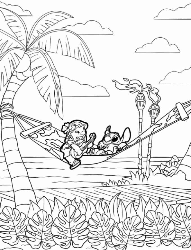 Lilo & Stitch Coloring Pages - Lilo And Stitch Playing Guitar On a Hammock Coloring Page
