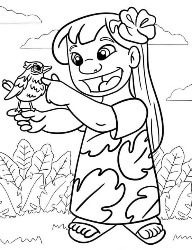 Lilo & Stitch Coloring Pages - Lilo Holding a Baby Bird Coloring Page
