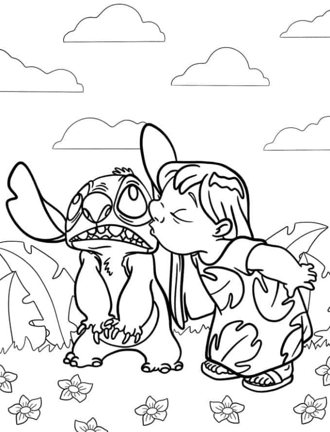 Lilo & Stitch Coloring Pages - Lilo Kissing Stitch On The Check Coloring Page