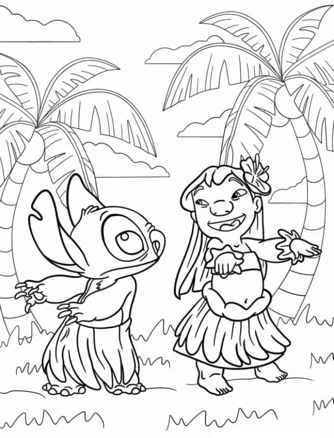 Lilo & Stitch Coloring Pages - Lilo Showing Stitch How To Hula Dance Coloring Page