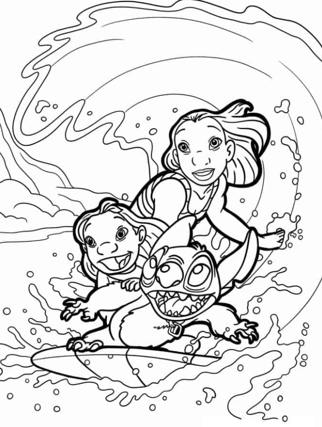 Lilo & Stitch Coloring Pages - Lilo, Stitch, and Nani Pelekai Riding a Surfboard