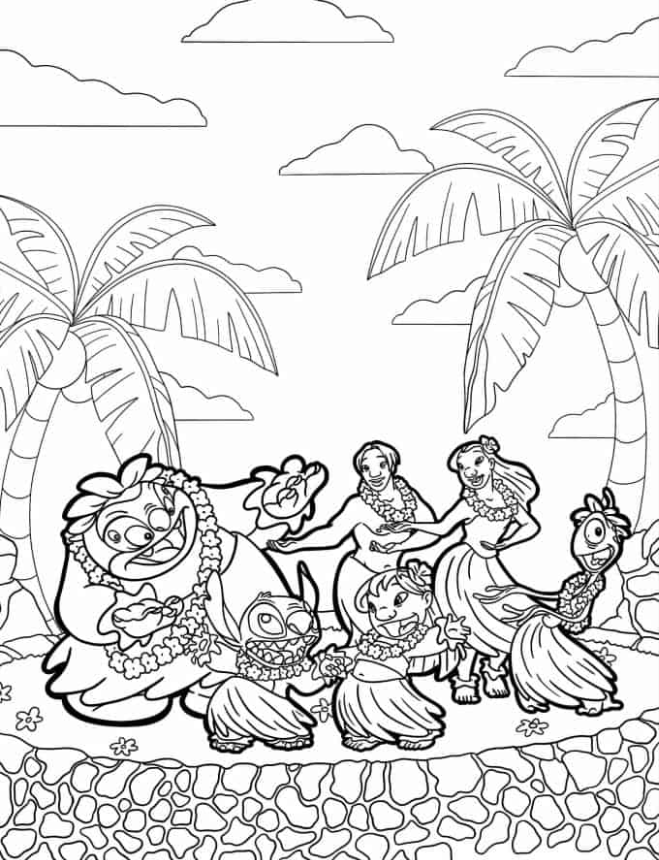 Lilo & Stitch Coloring Pages - Lilo and Stitch With Friends Hula Dancing