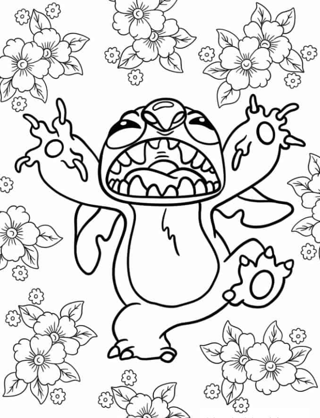Lilo & Stitch Coloring Pages - Scary Stitch With Hibiscus Flowers Coloring Page