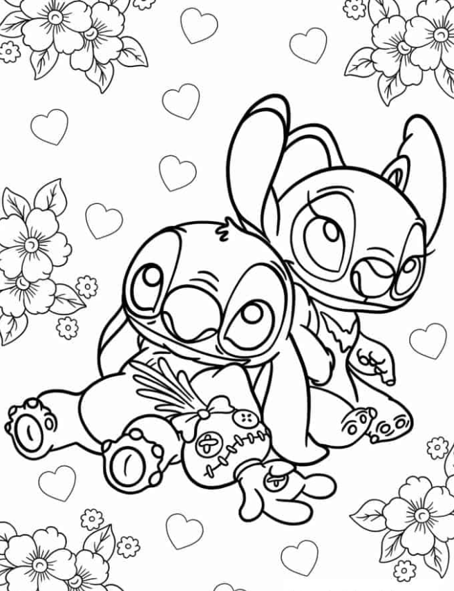 Lilo & Stitch Coloring Pages - Scrump, Stitch, And Angel Coloring Page