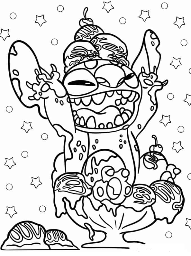Lilo & Stitch Coloring Pages - Stitch Playing In a Bowl Of Ice Cream To Color