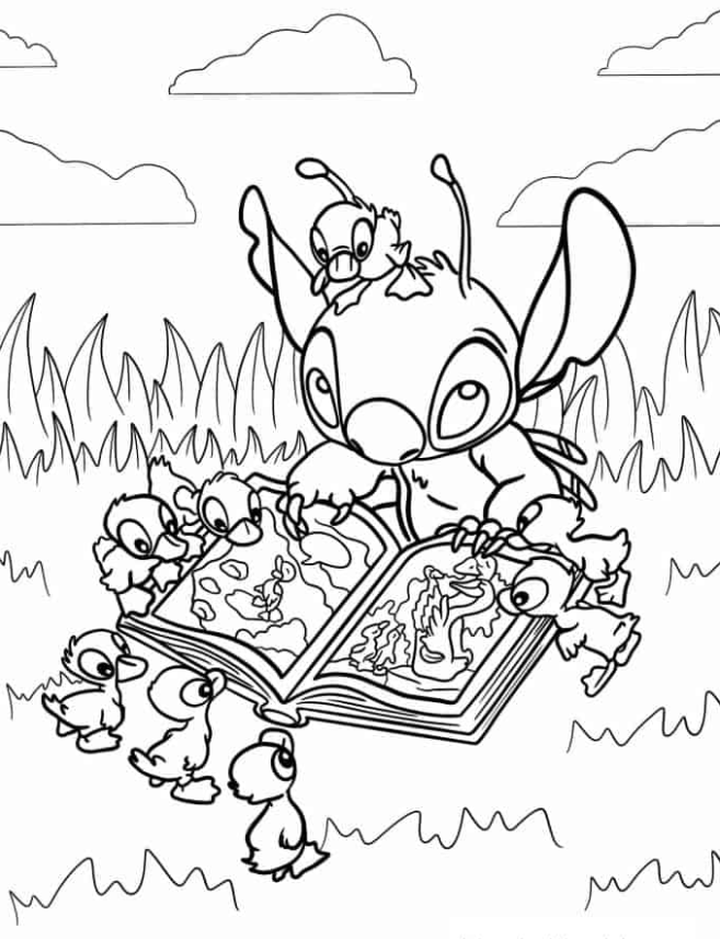 Lilo & Stitch Coloring Pages - Stitch Reading a Book Do Duckings Coloring Page