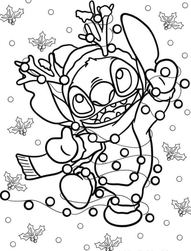 Lilo & Stitch Coloring Pages - Stitch Tangled In Christmas Lights Coloring Page