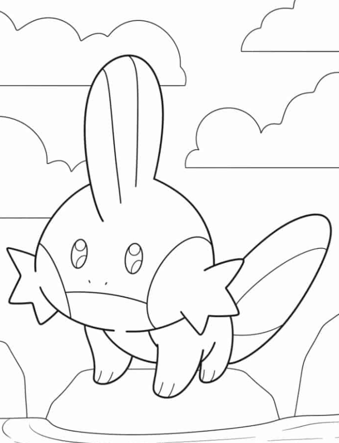 Pokemon Coloring Pages - Adorable Mudkip Standing On Rock Coloring In