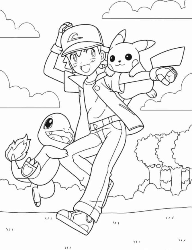 Pokemon Coloring Pages - Ash Character With Pikachu And Charmander