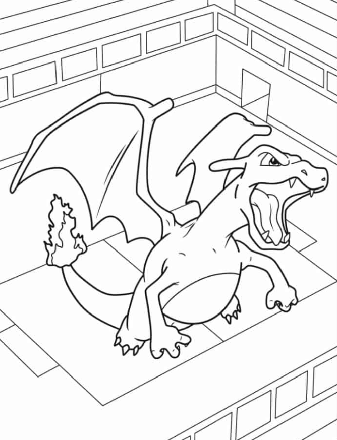 Pokemon Coloring Pages - Ferocious Charizard Flying Out Of Pokemon Stadium To Color