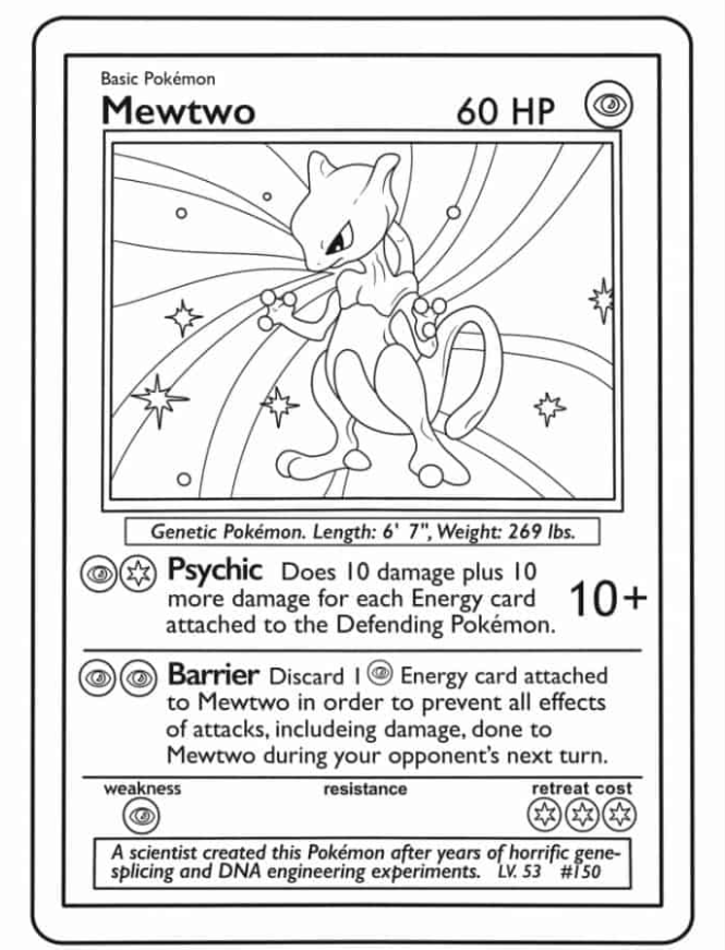 Pokemon Coloring Pages   Mewtwo Pokemon Card Coloring