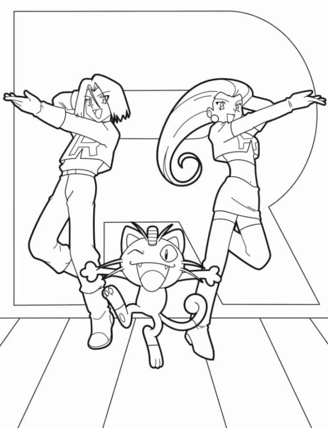 Pokemon Coloring Pages - Team Rocket Jessie, James, and Meowth Coloring Page