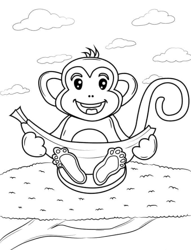 Banana Coloring Pages   Smiling Monkey Eating Banana To Color