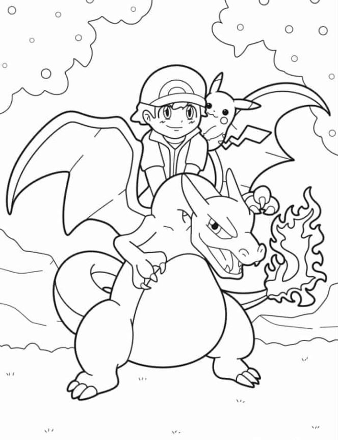 Charizard Coloring Pages   Ash And Pikachu On Charizard’s
