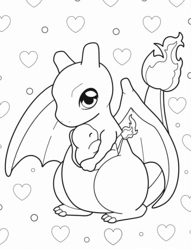 Charizard Coloring Pages   Kawaii Charizard Holding Baby