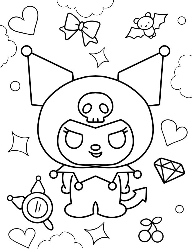 Kuromi Coloring Pages   Chibi Kuromi With Bats And