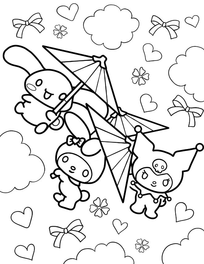 Kuromi Coloring Pages   Cinnamoroll, My Melody, And Kuromi In The Sky With