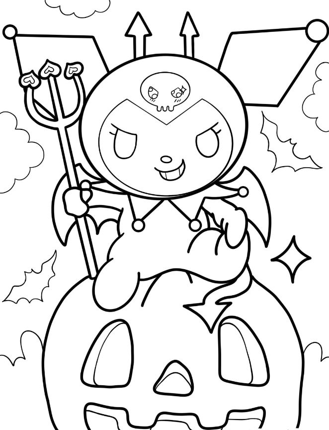 Kuromi Coloring S   Kuromi Holding Trident While Sitting On Jack O Lantern Halloween Coloring