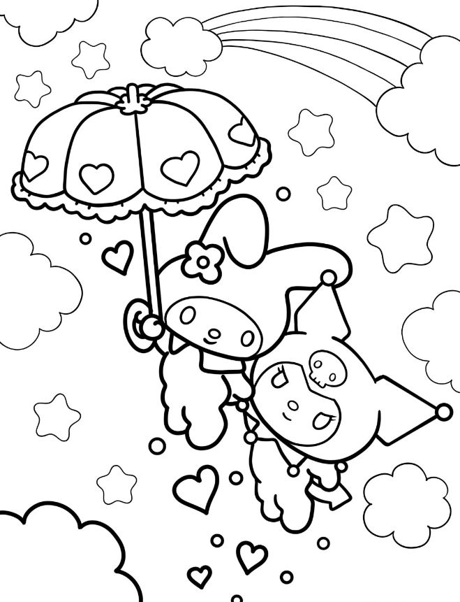 Kuromi Coloring Pages   Umbrella Carrying Kuromi And Melody In The