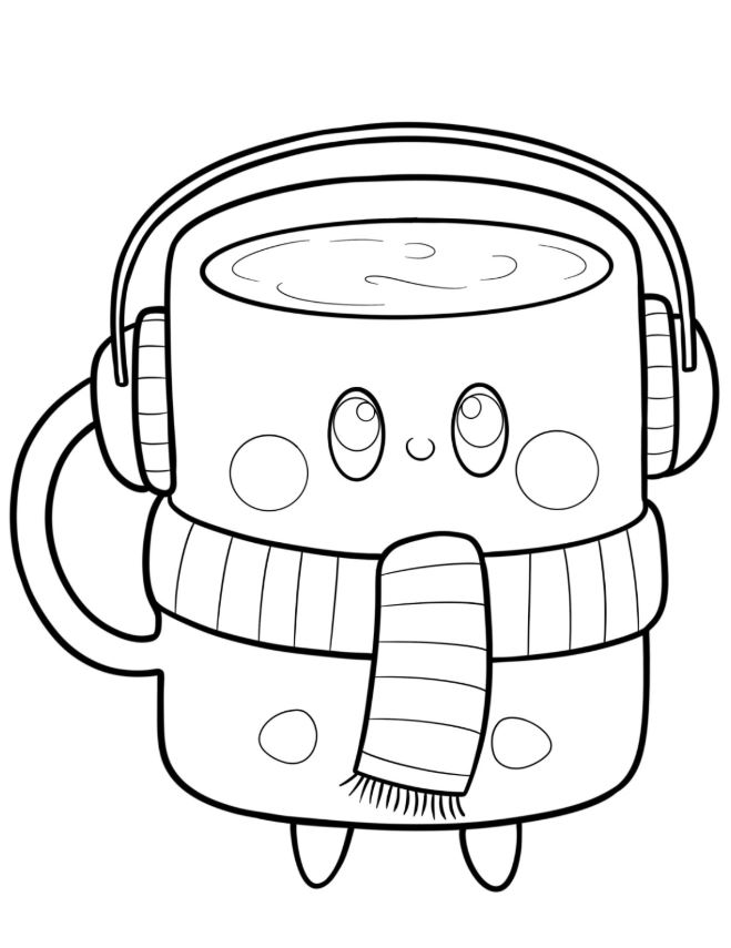 Cartoon Coffee Cup Wearing Scarf And Ear Muffs Coloring