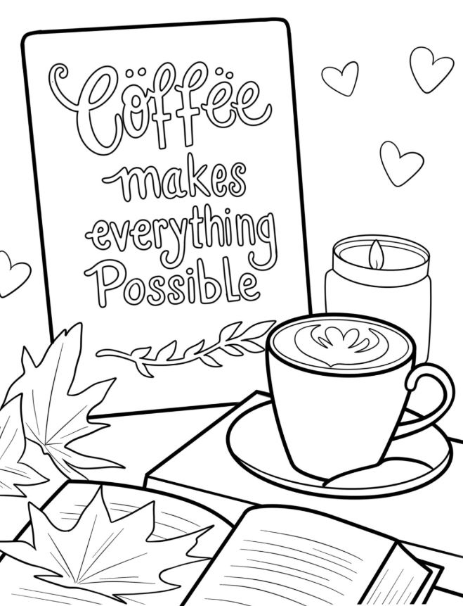 Coffee Cup Next To Honey Jar, Signage, And Open Book Coloring