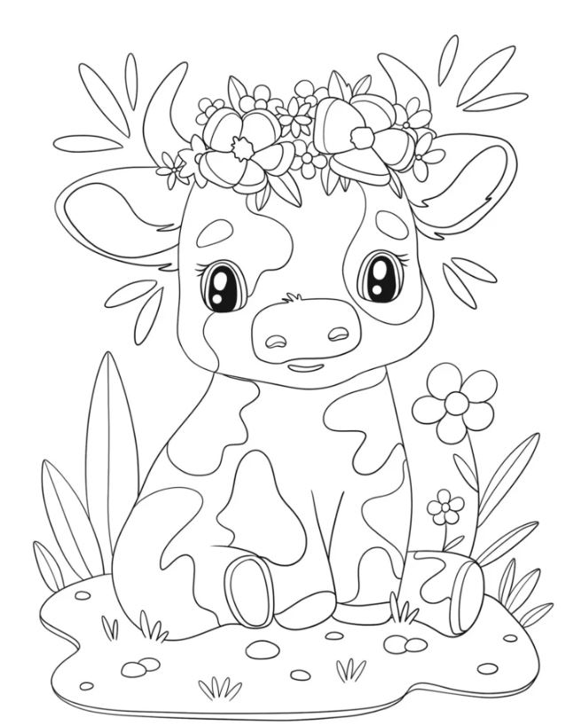 Cute Baby Cow With Flower Crown Coloring