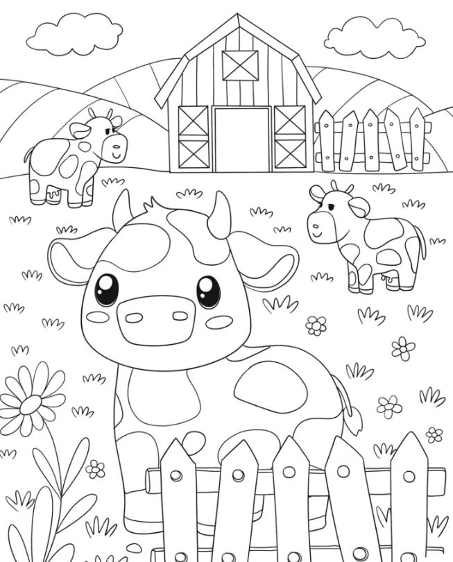 Cute Cows On The Farm Coloring Page For