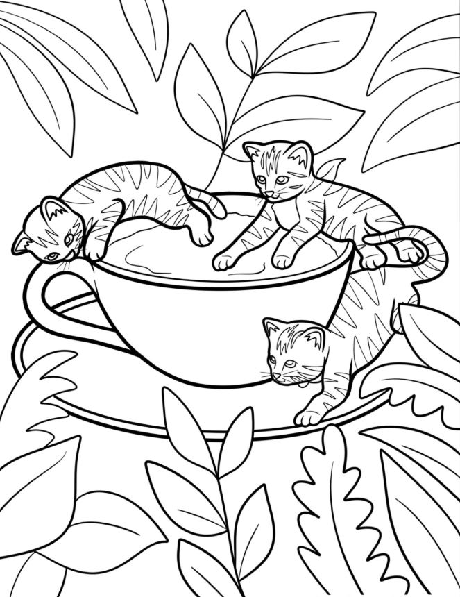 Cute Kittens Swimming In Coffee Cup Coloring