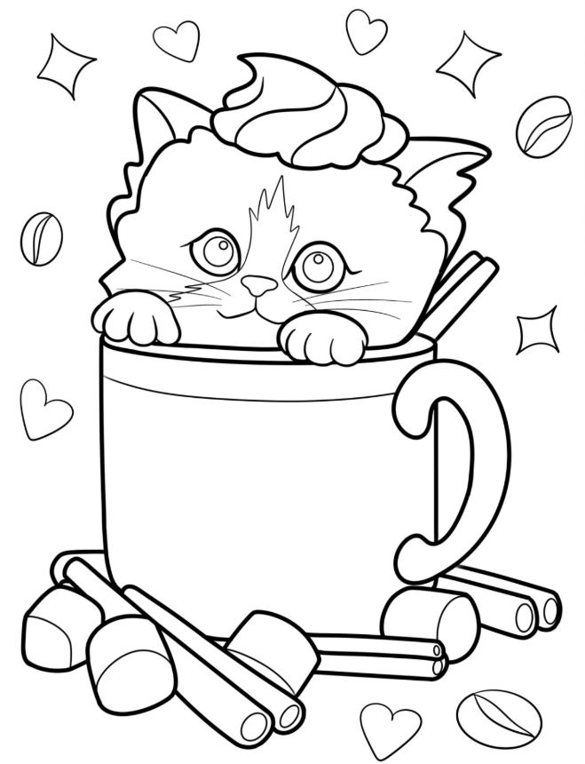 Kawaii Cat In Coffee Cup With Whipped Cream And Cinnamon Rolls Coloring