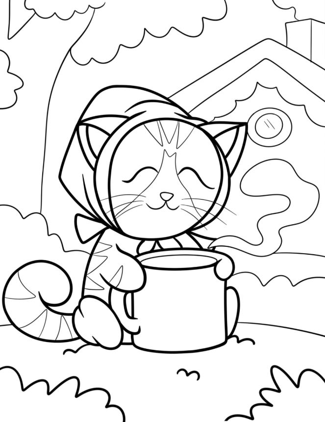 Kawaii Kitten Holding A Steaming Cup Of Coffee Coloring