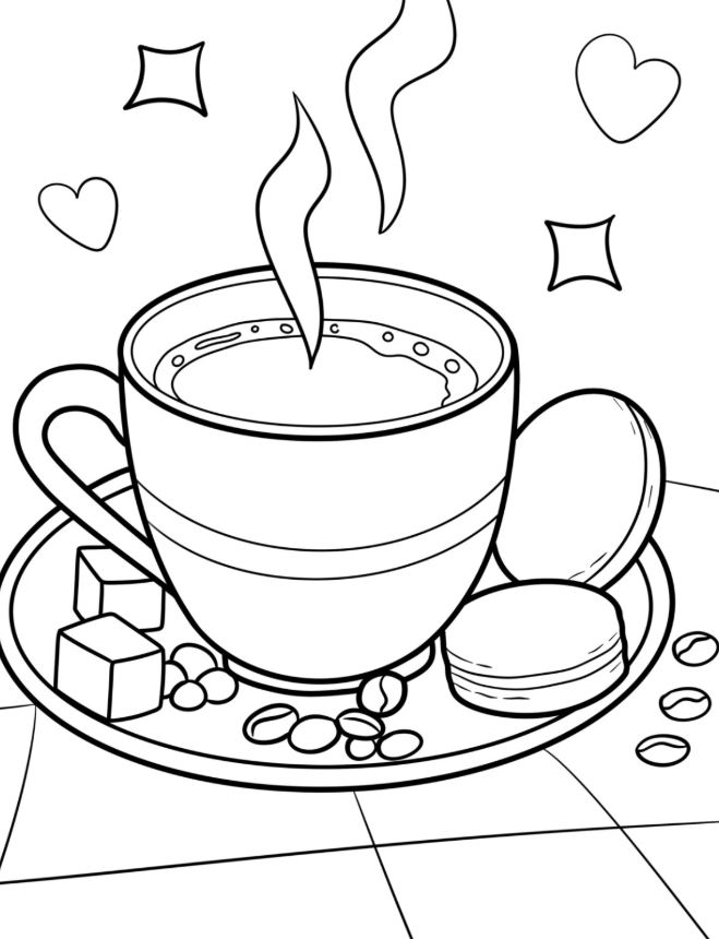 Realistic Cup Of Coffee With Maracon, Sugar Cubes, And Beans Coloring