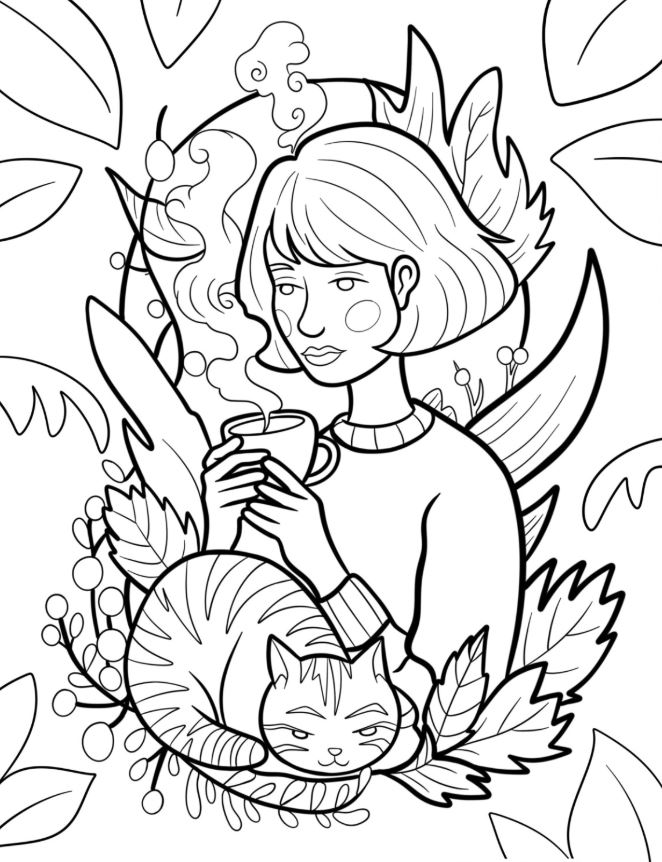 Woman Holding Cup Of Coffee And Cat Coloring Page