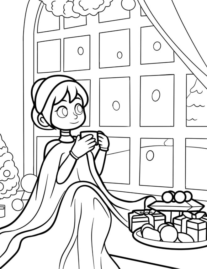 Woman In Dress And Cape Drinking Coffee On Christmas Day By Window Bay