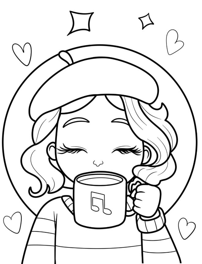 Woman Wearing Beret Drinking Coffee Coloring Page For