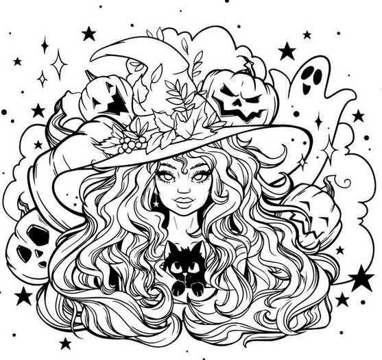 Adult Coloring Designs With Premium Vector Black and white coloring girl witch postcard coloring for halloween autumn leaves stars ghost