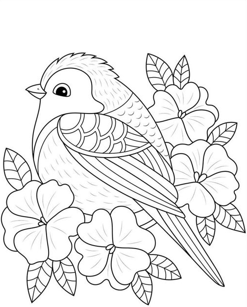 Coloring For Kids With Spring Bird and Flowers Coloring for Teens